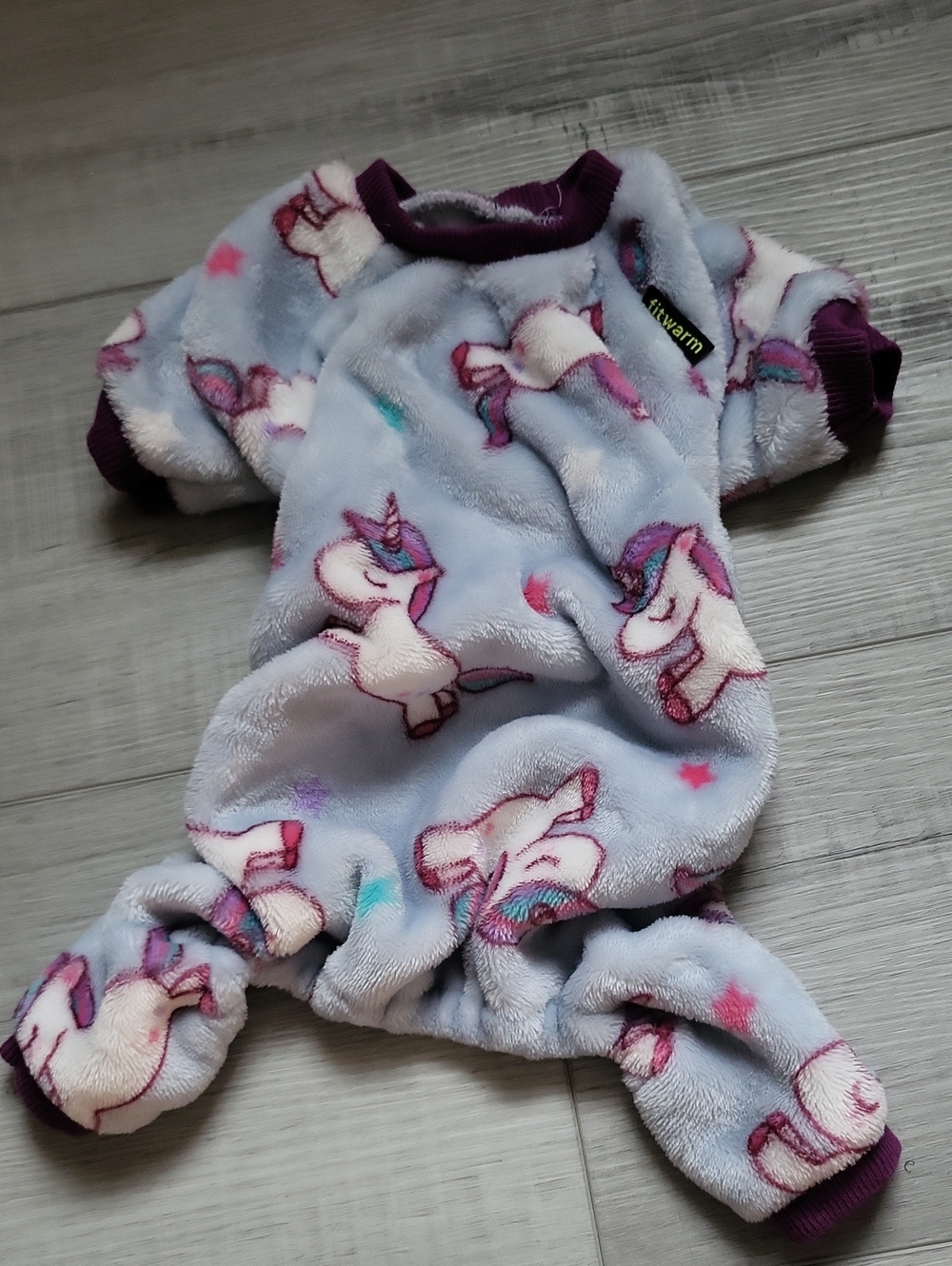 Cozy Unicorn Fleece Dog Pajamas - Light Blue with Purple Trim